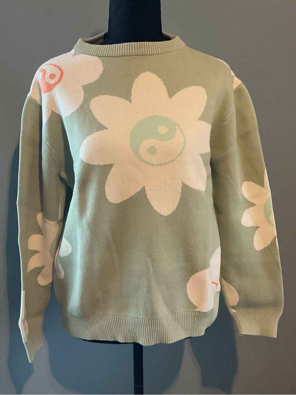 PacSun Sage Green Floral Yin Yang Crewneck Sweater